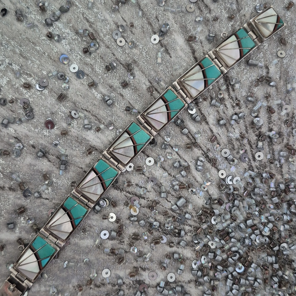 Sterling Silver Turquoise/Mother Of Pearl Inlay Bracelet - Teal Accent 6.75"